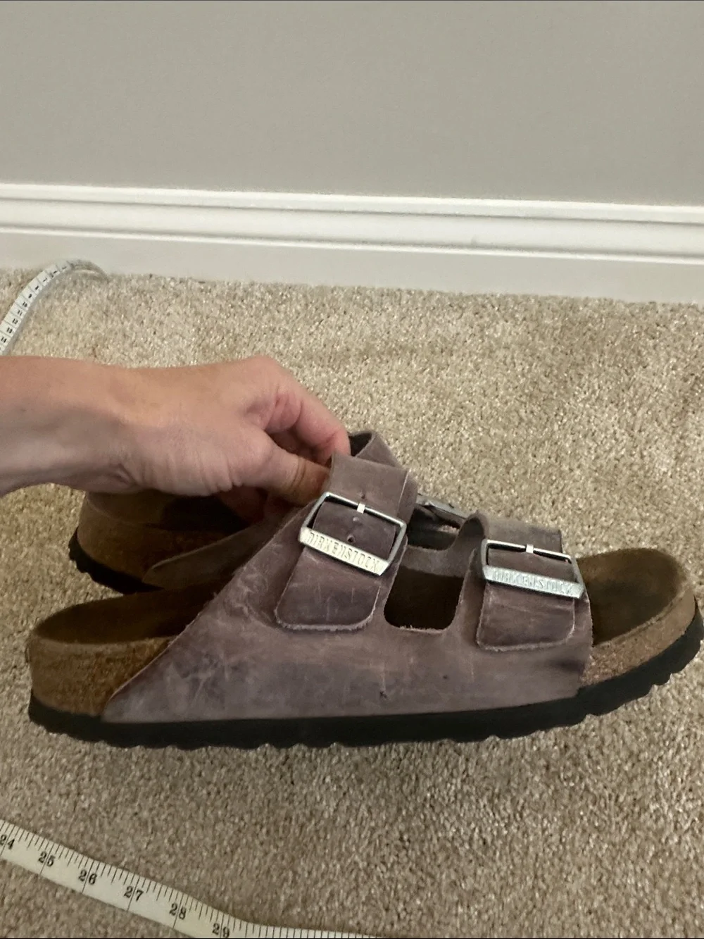 Birkenstock weathered- purple Arizona Sandals with silver Buckles